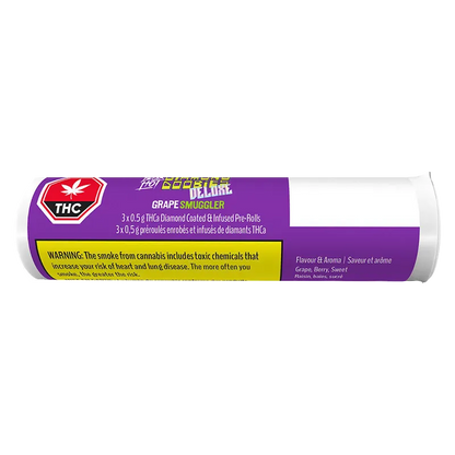 Horizontal product shot of the purple-tinted Grape Smuggler Infused PR 3 x 0.5 g tube showing its THC badge and yellow warning panel.