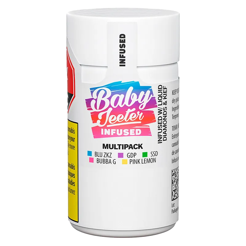 Front-facing product shot of a white container labeled Baby Jeeter Infused PR 5 x 0.5 g with colorful logo and multipack text on a white background.