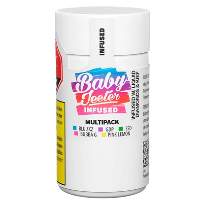 Front-facing product shot of a white container labeled Baby Jeeter Infused PR 5 x 0.5 g with colorful logo and multipack text on a white background.