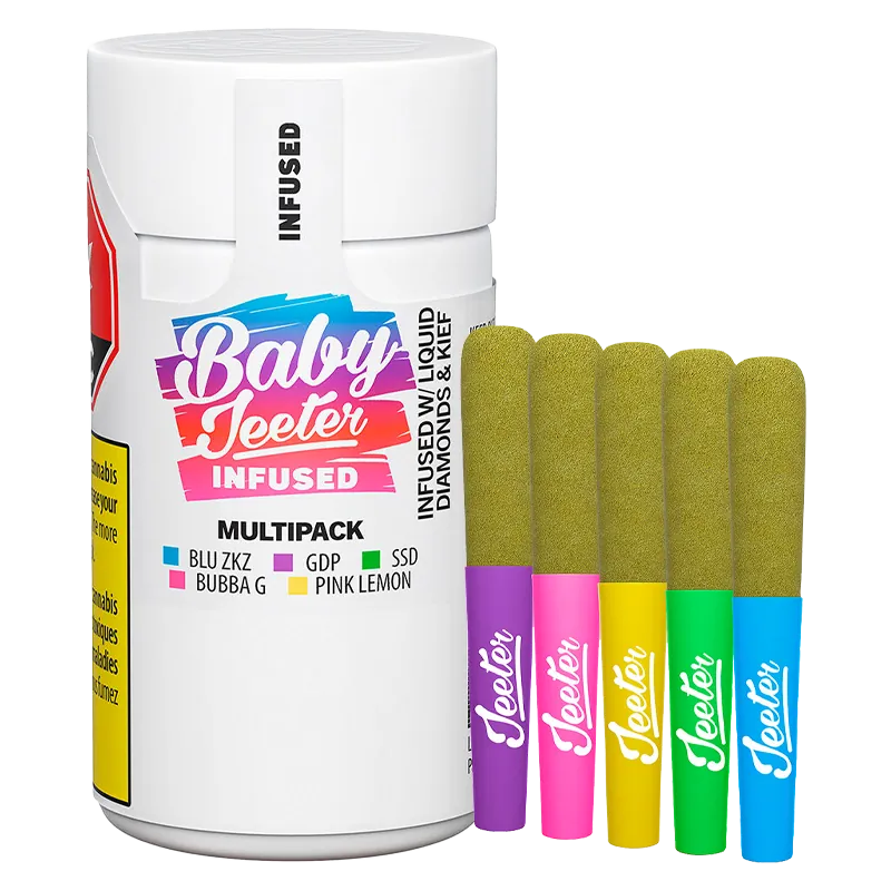 Front view of a white canister and five colorful prefilled sticks arranged upright, labeled "Baby Jeeter Infused PR 5 x 0.5 g" on the canister.