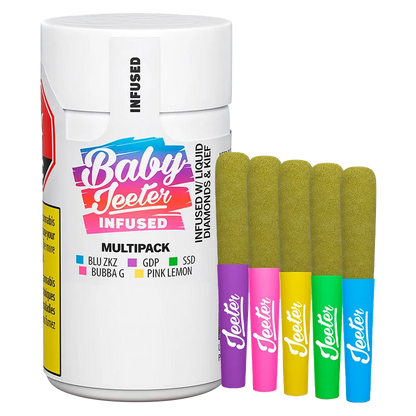 Front view of a white canister and five colorful prefilled sticks arranged upright, labeled "Baby Jeeter Infused PR 5 x 0.5 g" on the canister.