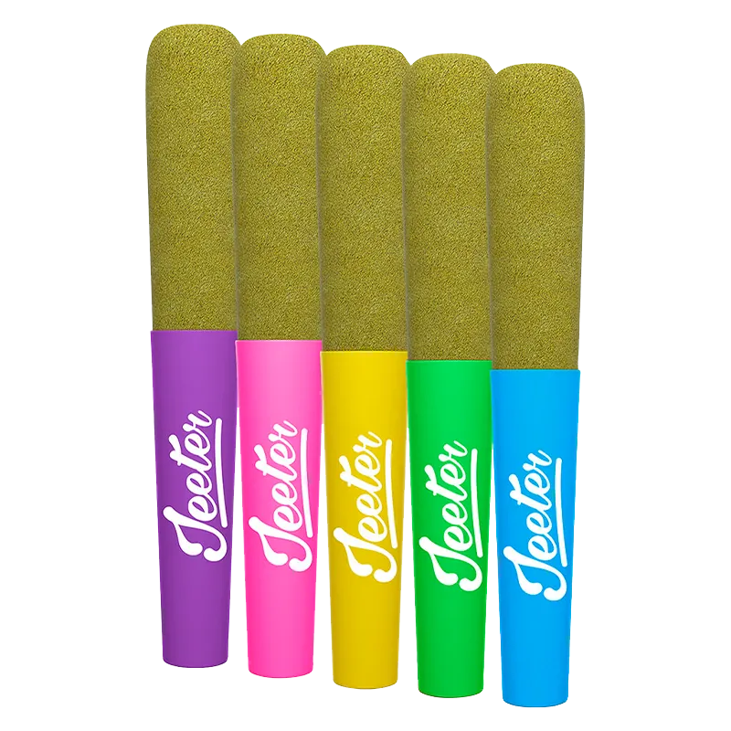 Five colorful, upright Baby Jeeter Infused PR 5 x 0.5 g pre-rolls with textured green tips and purple, pink, yellow, green, and blue labeled bases.
