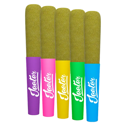 Five colorful, upright Baby Jeeter Infused PR 5 x 0.5 g pre-rolls with textured green tips and purple, pink, yellow, green, and blue labeled bases.