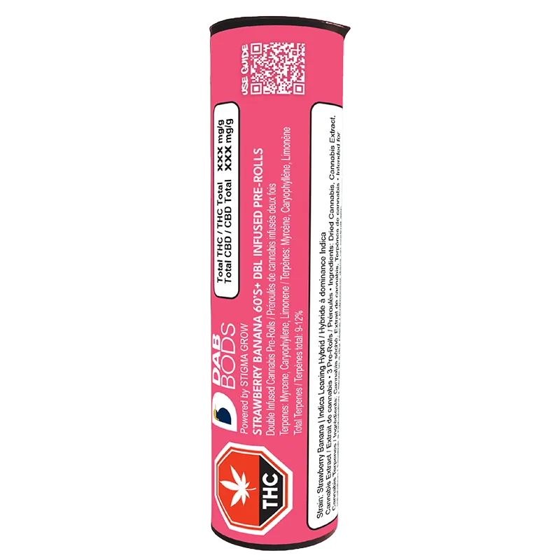 Dab Bods 1.5 g Strawberry Banana 60'S+ Infused PR 3 x 0.5 g Pre-Rolls