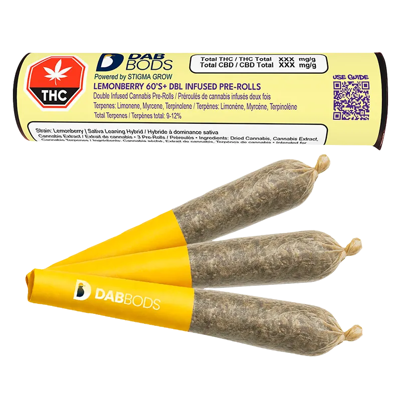Dab Bods 1.5 g Lemonberry 60’s+ Dbl Infused PR 3 x 0.5 g Pre-Rolls