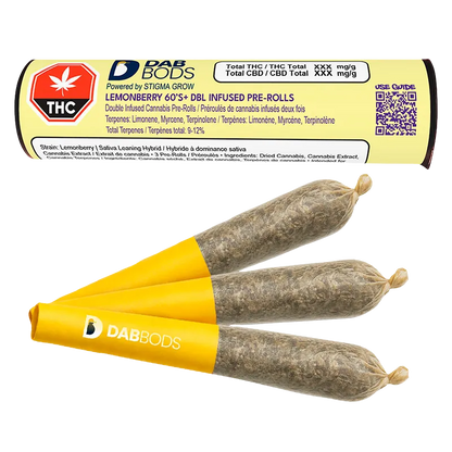 Dab Bods 1.5 g Lemonberry 60’s+ Dbl Infused PR 3 x 0.5 g Pre-Rolls