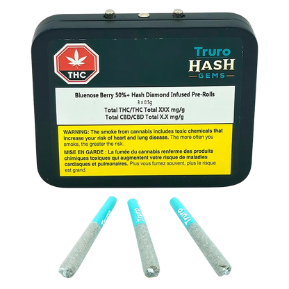 Truro Hash Gems 1.5 g Bluenose Berry 50%+ Hash Diamond Infused PR 3 x 0.5 g Pre-Rolls