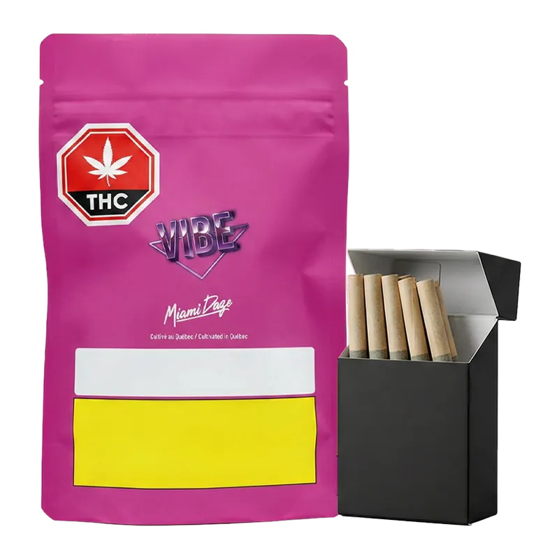 Front-facing pink pouch and an open black box of five rolled joints photographed against a white background, Miami Daze PR 14 x 0.5 g.