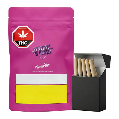 Front-facing pink pouch and an open black box of five rolled joints photographed against a white background, Miami Daze PR 14 x 0.5 g.