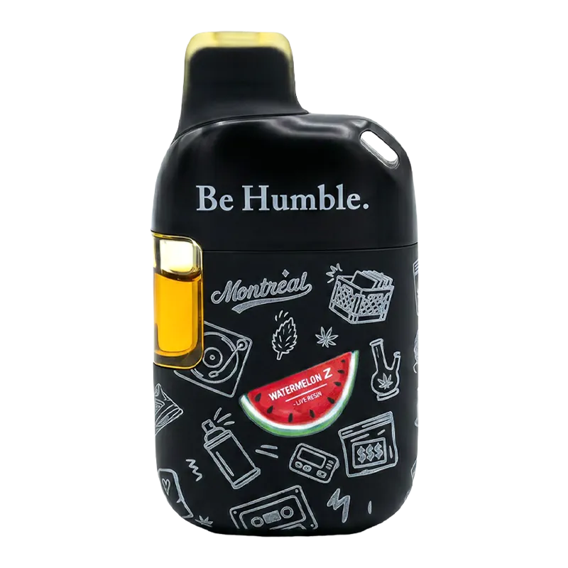 Front-facing image of the Watermelon Z Live Resin Disposable Vape with black matte casing, white doodle graphics and a small watermelon label.