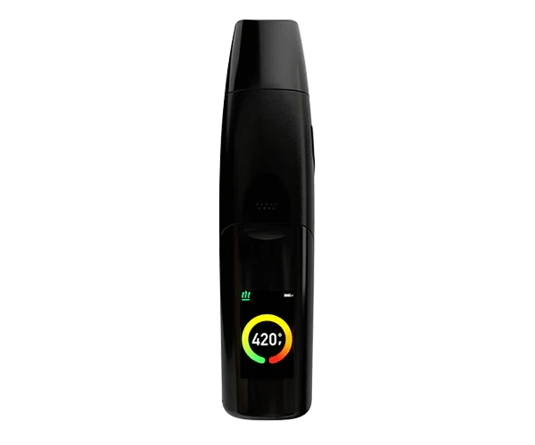 Front view of the G Pen Elite Dry Herb Vaporizer, showing its sleek, black design against a plain white backdrop.