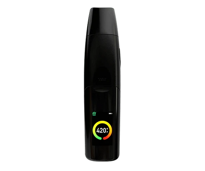Front view of the G Pen Elite Dry Herb Vaporizer, showing its sleek, black design against a plain white backdrop.