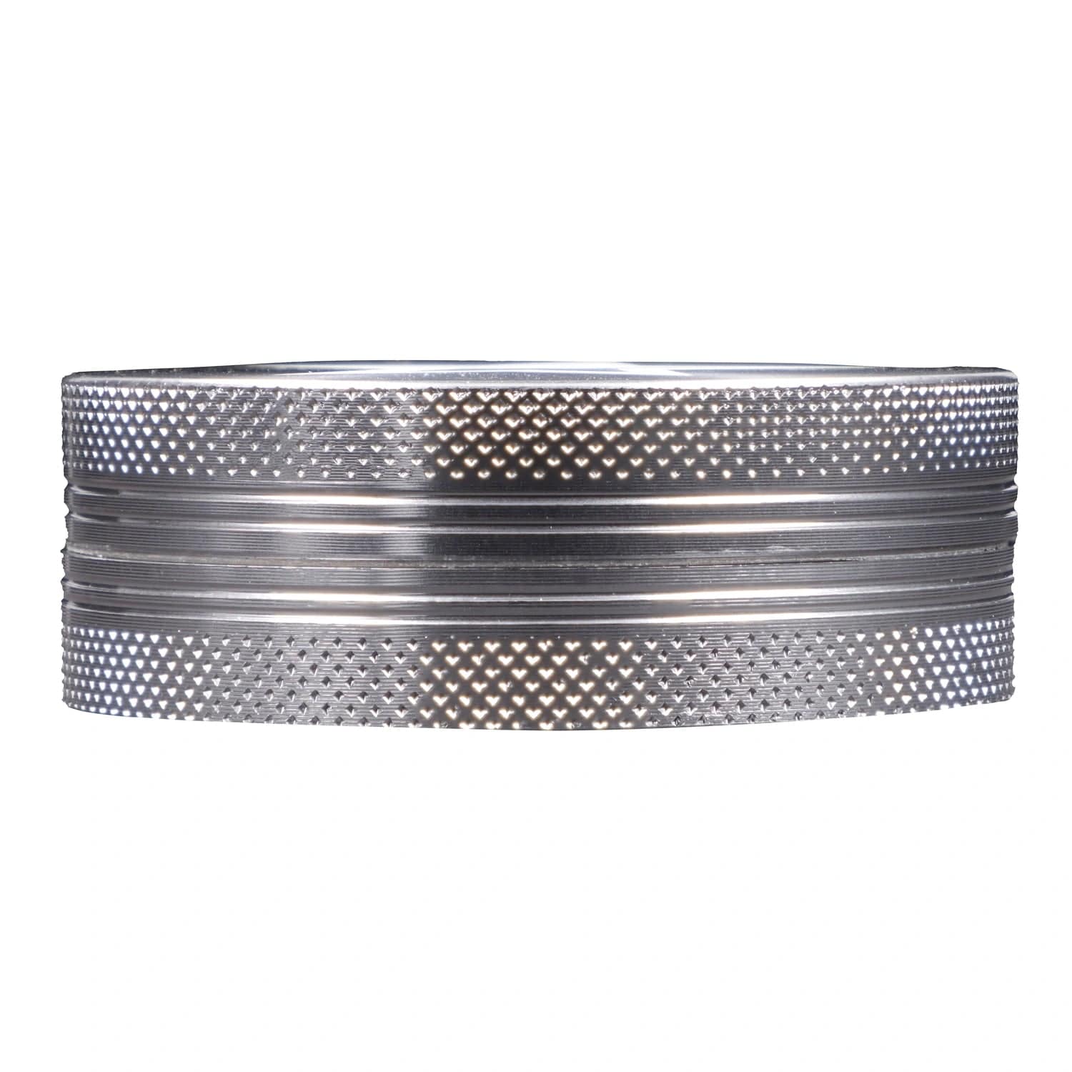 Front view of the Famous X - Crystal 2 pc Grinder in silver, showcasing its layered, cylindrical design.