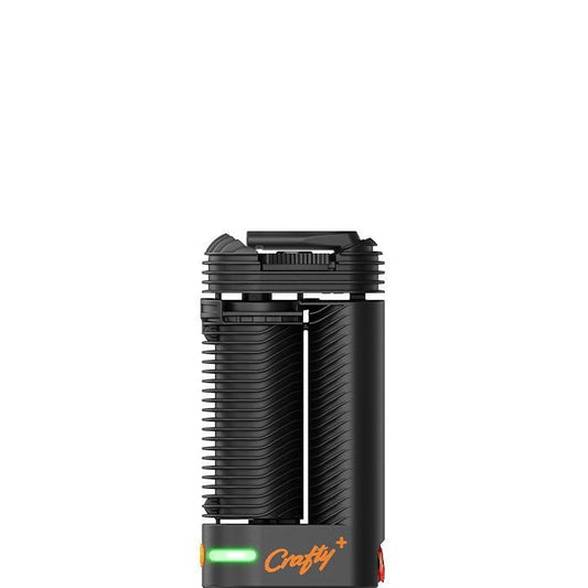 Front view of the Storz & Bickle Crafty Portable Vaporizer, a sleek, black handheld device with a textured surface.