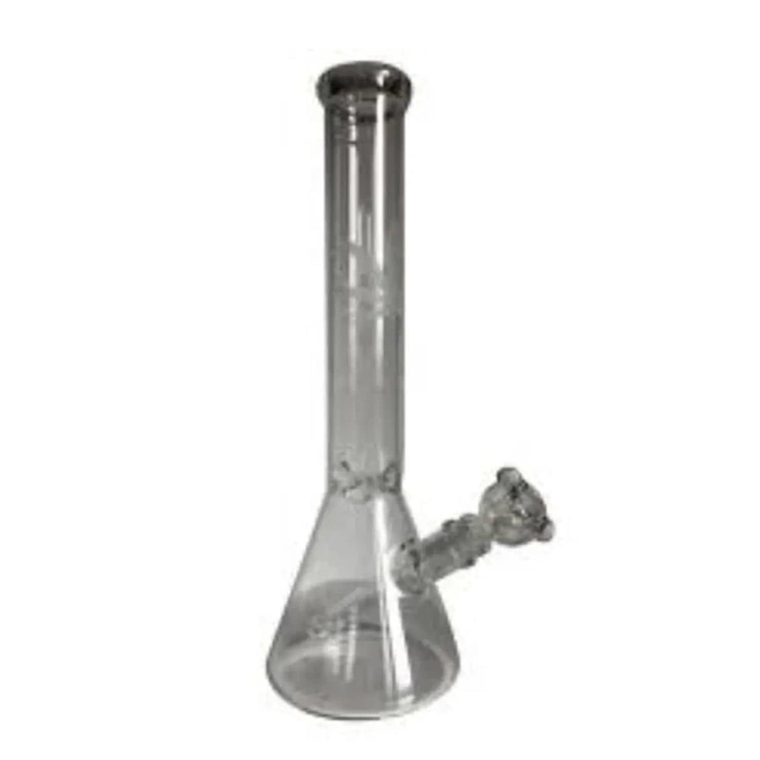 A front view of the 15" NewLeaf Beaker Bong, showcasing the clear glass construction and classic beaker shape.