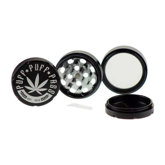A top-down view of the black 50mm Puff Puff Pass Aluminum Grinder, disassembled to show its four-piece construction.