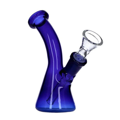A front view of the 5-inch Navy Everyday Essentials Bent Neck Beaker Bong, showing its sleek, curved design.