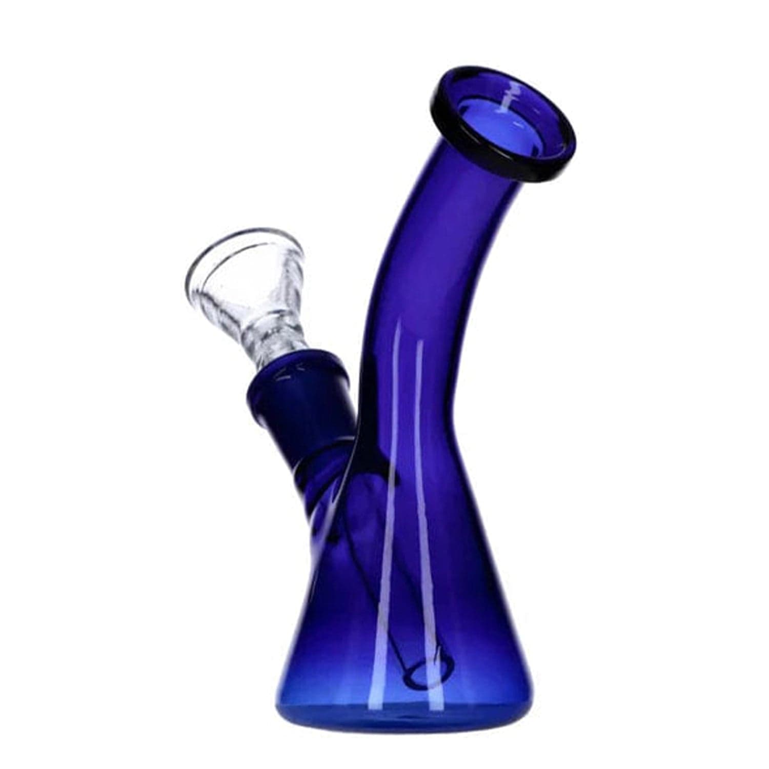 Front view of the 5-inch tall Everyday Essentials Bent Neck Beaker Bong in navy blue glass.