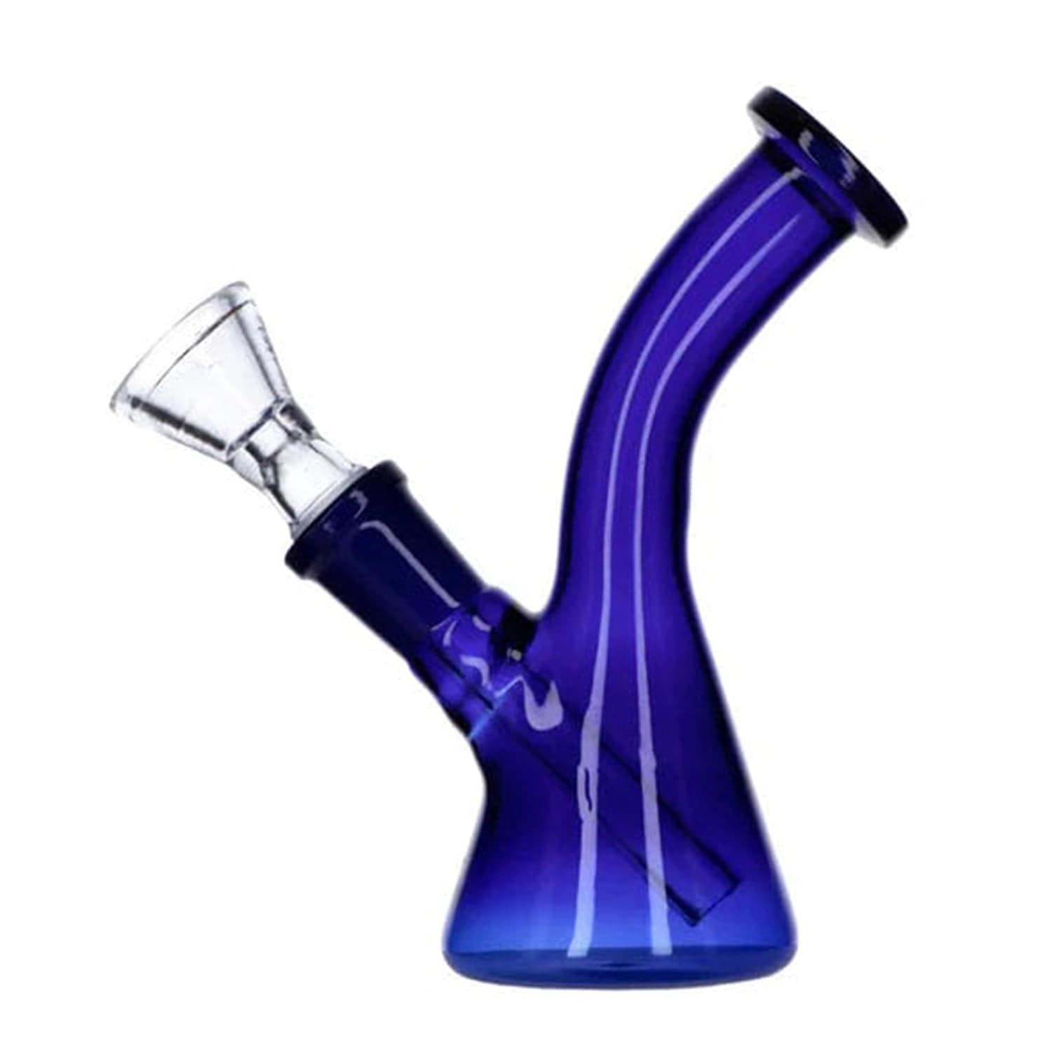 A front view of the 5-inch tall Everyday Essentials Bent Neck Beaker Bong in navy glass.