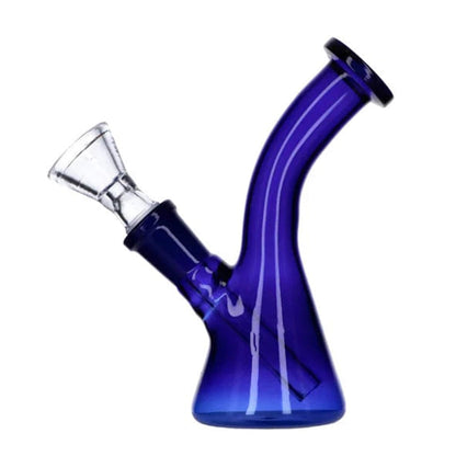 A front view of the 5-inch tall Everyday Essentials Bent Neck Beaker Bong in navy glass.