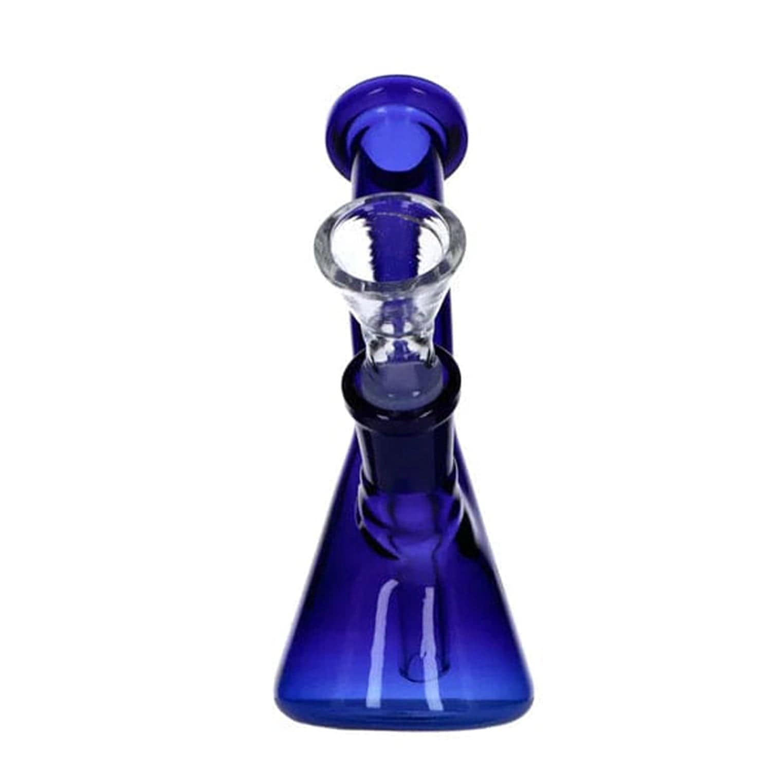 Front view of the 5-inch Everyday Essentials Bent Neck Beaker Bong in navy blue glass.