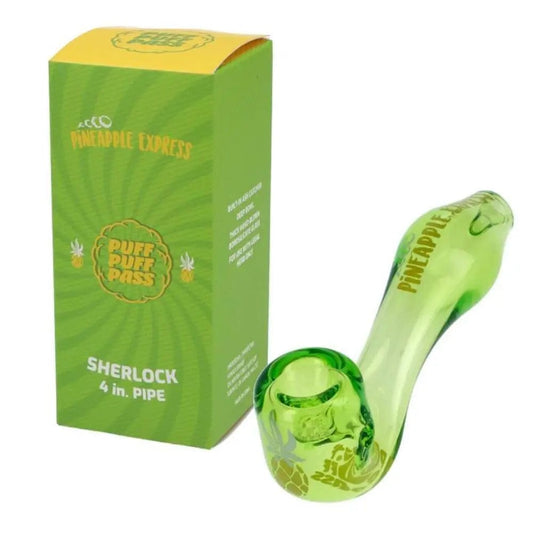 Front view of the 4-inch Puff Puff Pass Strains Pineapple Express Sherlock, a green glass pipe with a curved neck design.
