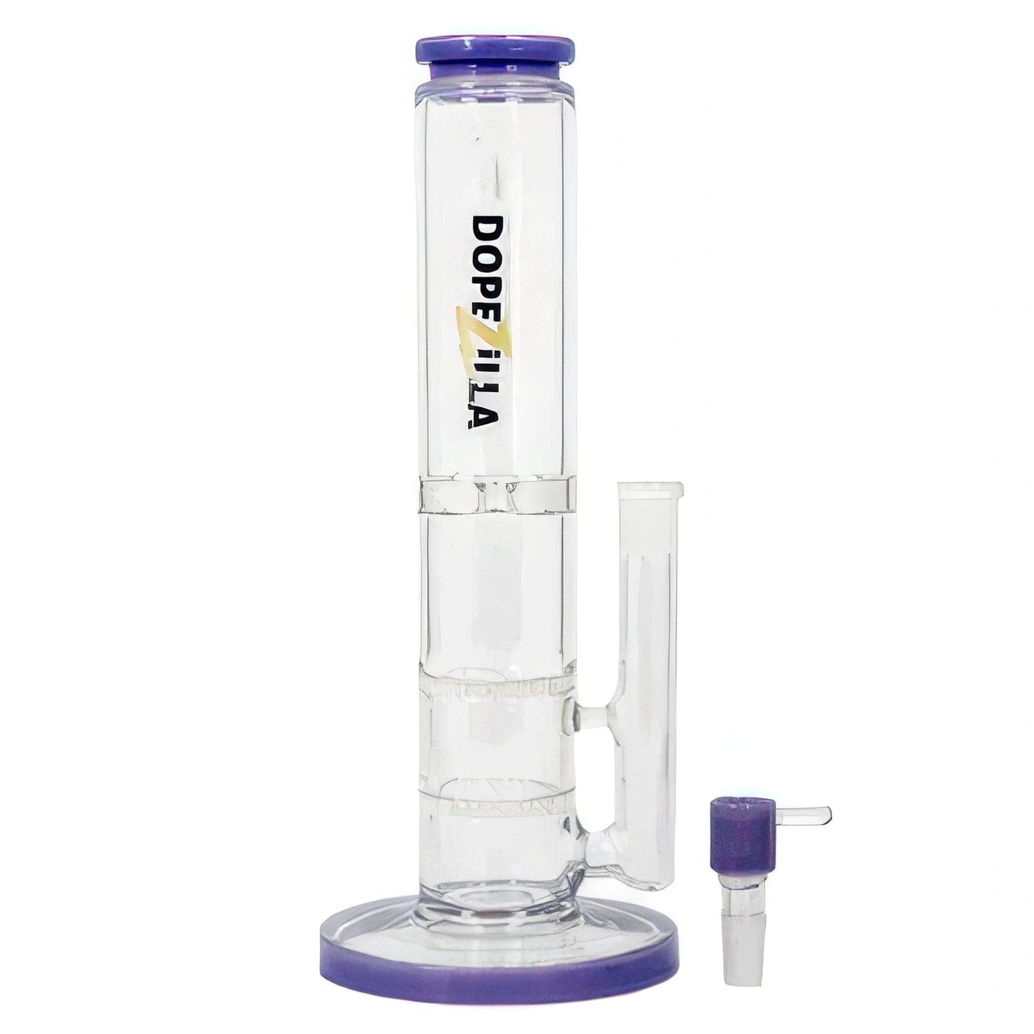 A straight-on view of the 12-inch Dopezilla Cerberus water pipe, featuring milky purple glass and a classic design.