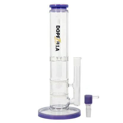 A straight-on view of the 12-inch Dopezilla Cerberus water pipe, featuring milky purple glass and a classic design.