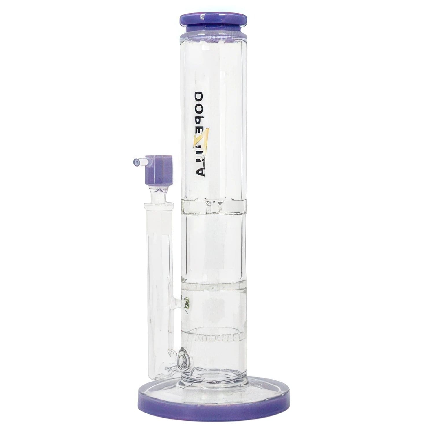 A straight-on view of the 12-inch Dopezilla Cerberus water pipe, featuring milky purple glass and a classic beaker shape.