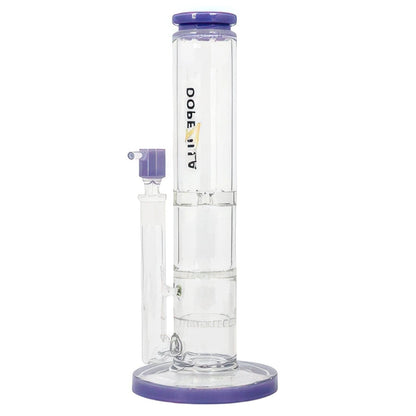 A straight-on view of the 12-inch Dopezilla Cerberus water pipe, featuring milky purple glass and a classic beaker shape.