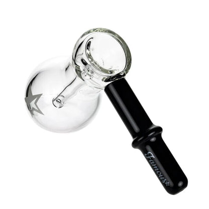 A studio shot of the 6-inch Famous X Bulb Hammer Bubbler in black, showcasing its curved form and smooth glass finish.
