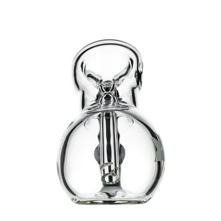 A front view of the 6-inch Famous X Bulb Hammer Bubbler, showcasing its clear glass construction and rounded bulb shape.