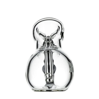 A front view of the 6-inch Famous X Bulb Hammer Bubbler, showcasing its clear glass construction and rounded bulb shape.