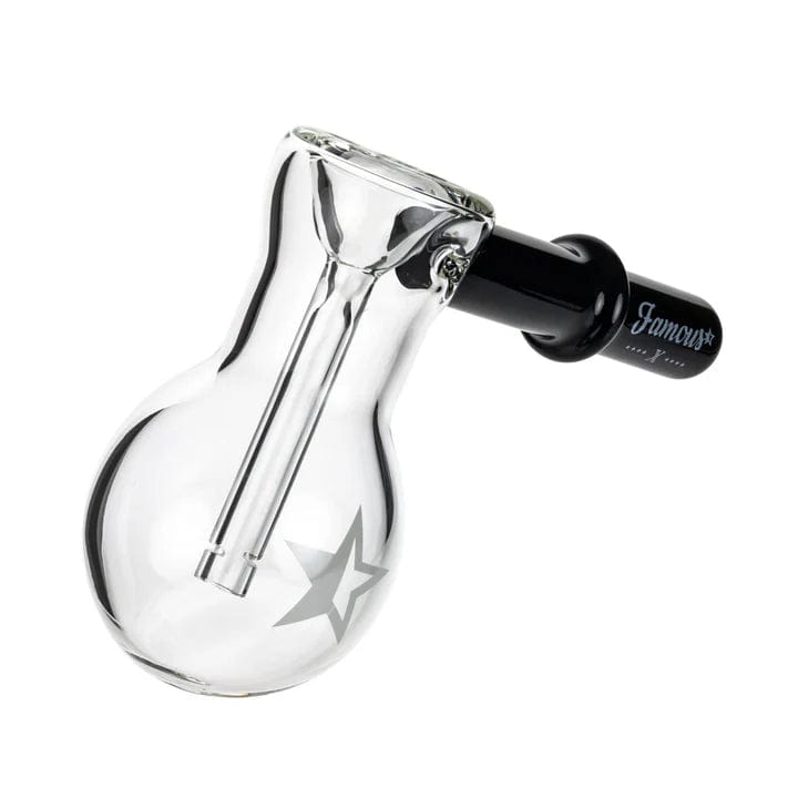 A side view of the 6-inch Famous X Bulb Hammer Bubbler in black, showcasing its rounded shape and simple design.