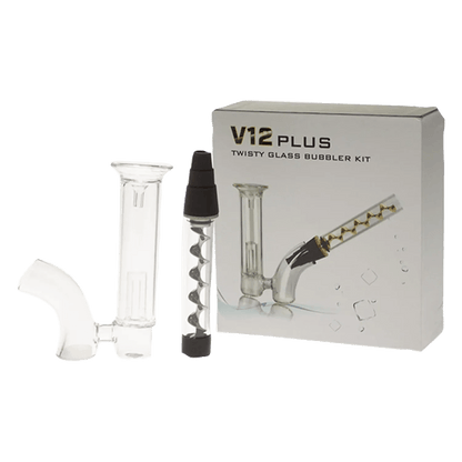 A close-up view of the black Plus Glass Blunt Bubbler, showing its sleek, curved design and clear glass construction.