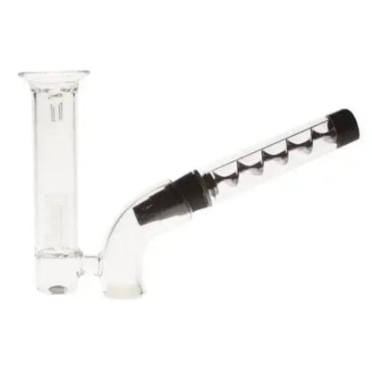 A diagonal view of the Plus Glass Blunt Bubbler in gun metal, showing the clear glass body and its compact, handheld design.