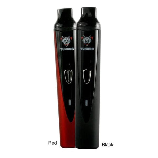 Front view of the red Wulf Mod Tundra Vaporizer, with a sleek, cylindrical design against a plain black background.