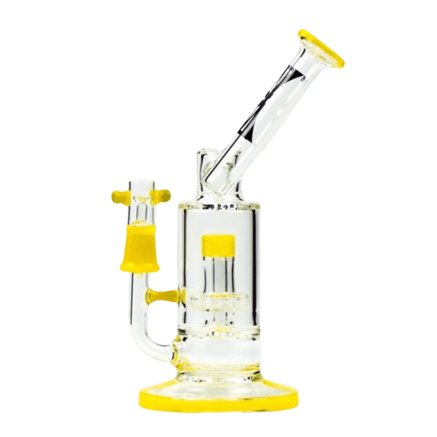Front view of the Evolution Mist Yellow, showcasing a clear glass water pipe with a yellow accent and simple design.