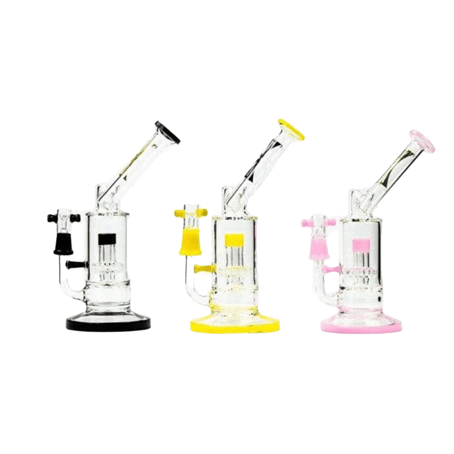 Front view of the Evolution Mist Black, a sleek black glass water pipe with a flared base and visible smoke chamber.