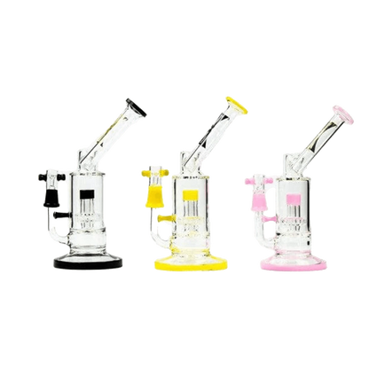 Front view of the Evolution Mist Black, a sleek black glass water pipe with a flared base and visible smoke chamber.