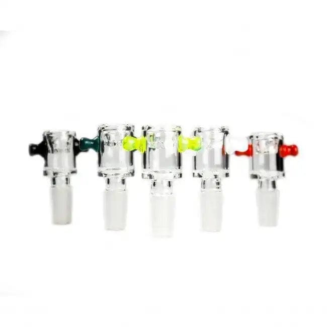 A close-up, angled view of the white Evolution Glass Bowl - Female 14mm, showcasing its clear glass construction and simple bowl shape.