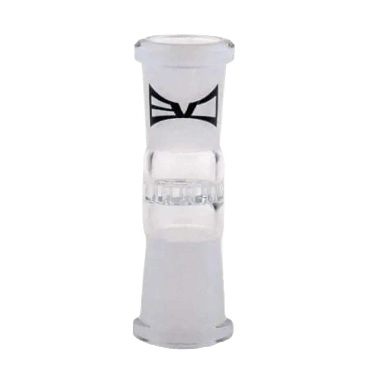 Front view of the Evolution Female/Female Straight Adapter, a clear glass connector with a 14mm joint.