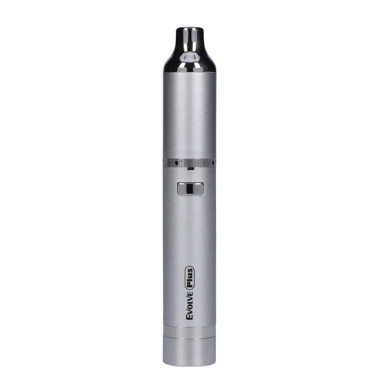 Front view of the silver Yocan Evolve Plus Kit, showcasing its sleek, cylindrical design and metallic finish.