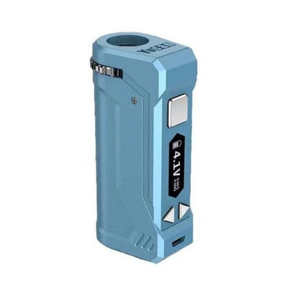 Front view of the blue Yocan UNI Pro-Digital Box Mod, showcasing its sleek, rectangular design and digital display.