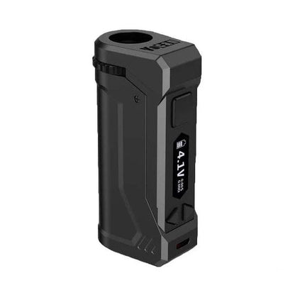 A slightly angled studio shot of the black Yocan UNI Pro-Digital Box Mod, showcasing its rectangular shape and matte finish.