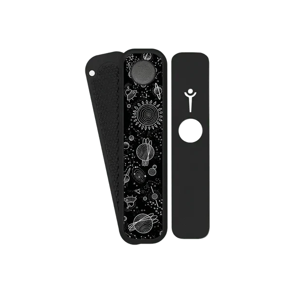 Front view of the Genius Pipe - Through The Universe, featuring a black pipe with a cosmic design on a plain white background.