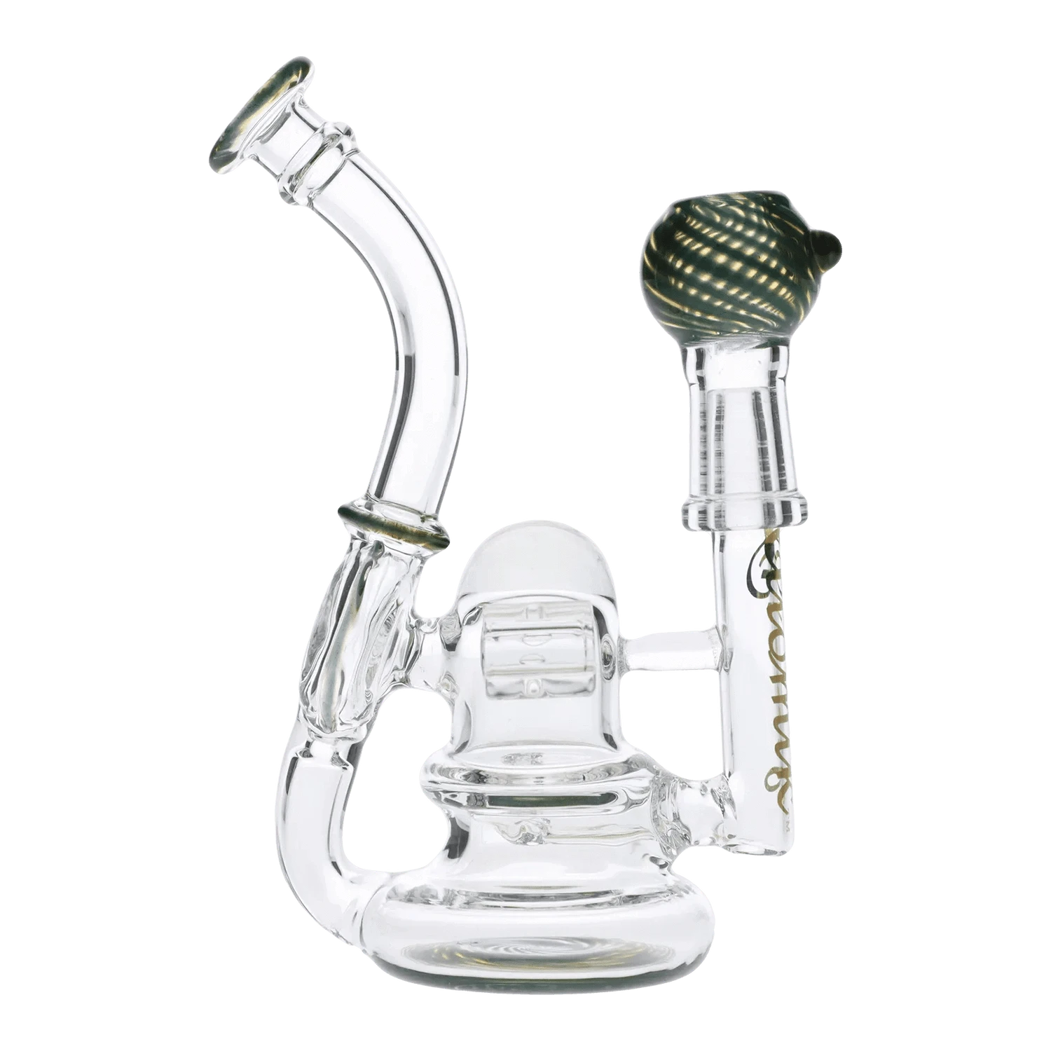 A three-quarter view of the Atomik Siena Recycler Dab Rig, showcasing the clear glass construction and intricate recycler design.