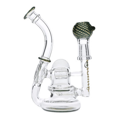 A three-quarter view of the Atomik Siena Recycler Dab Rig, showcasing the clear glass construction and intricate recycler design.