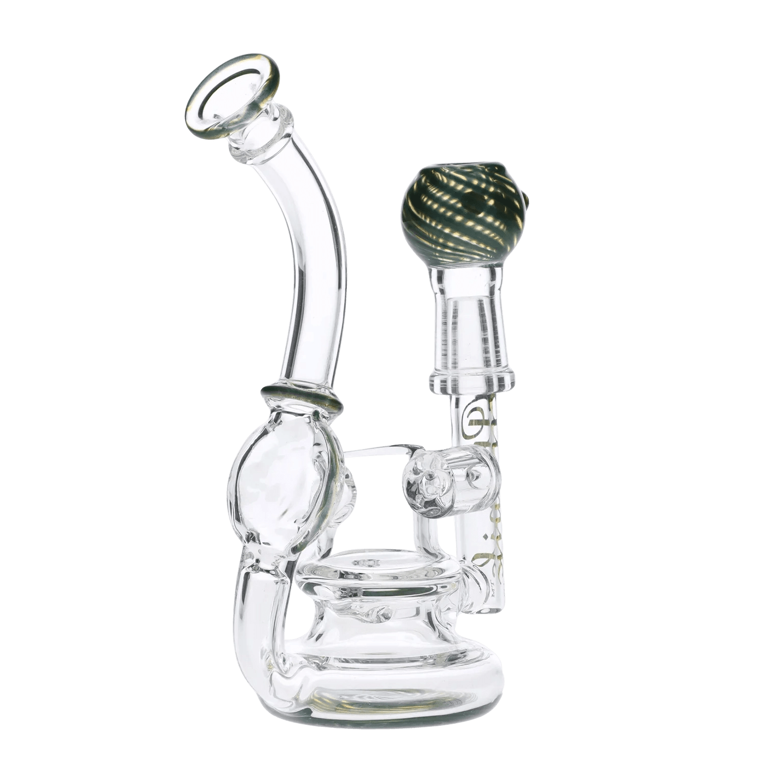 The Atomik Siena Recycler Dab Rig is shown in a three-quarter view against a white background, highlighting its clear glass construction and intricate recycler design.