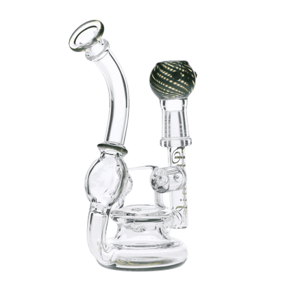 The Atomik Siena Recycler Dab Rig is shown in a three-quarter view against a white background, highlighting its clear glass construction and intricate recycler design.